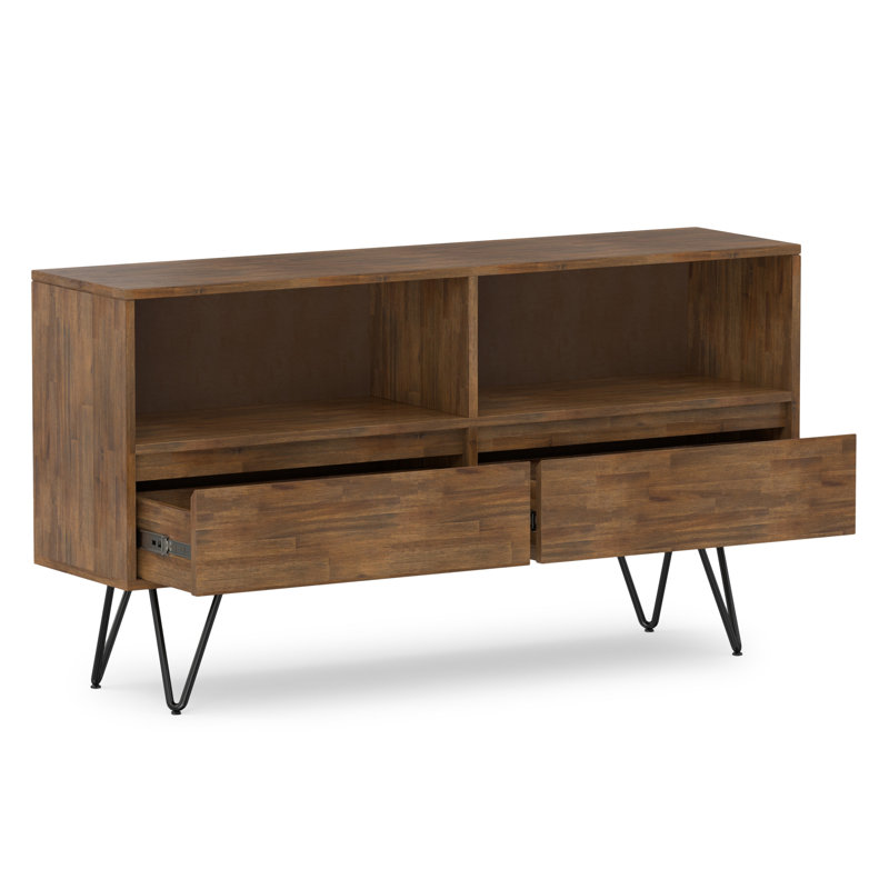 Bibliothèque basse Chase 30 "en bois d'acacia massif et métal avec tablettes ouvertes et structure en métal