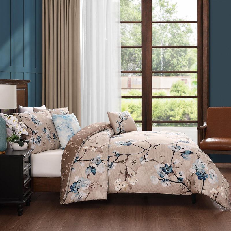 Taupe and Blue Cotton Queen Reversible Comforter Set