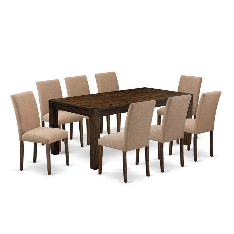 9 Piece Dining Room Set Includes a Rectangle Rustic Wood Kitchen Table and 8 Light Sable Linen Fabric Upholstered Parson Chairs, Jacobean