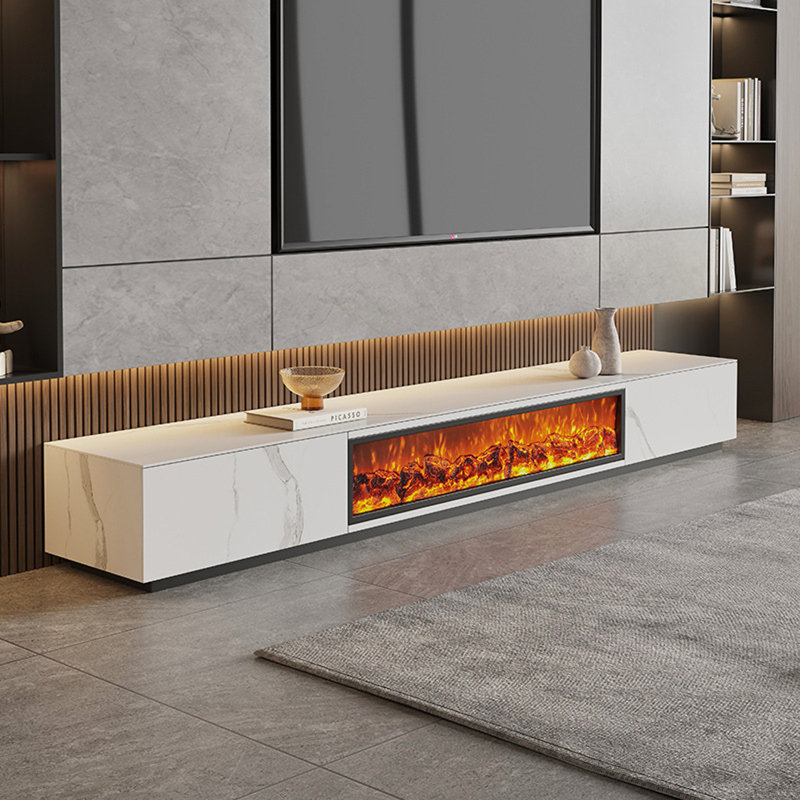 Italian minimalist LED simulated flame electronic fireplace floor cabinet, 13.78"H x 78.74"W x 15.75"D, White
