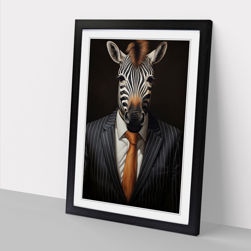 XYZ-FRM-V1223-1735 Zebra In A Suit Painting - Single Picture Frame Print on Wood, 64cm H x 46cm W x 2cm D, Black 