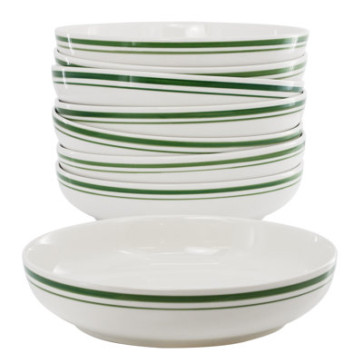 Gibson Home 8 Piece 9 Inch Round Ceramic Dinner Bowl Set with Green Band