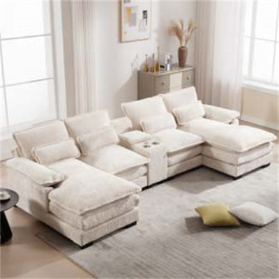Canapé moderne en forme de U avec console, porte-gobelets et ports USB, mobilier symétrique 6 places pour salon et appartement, idéal pour la détente et le divertissement