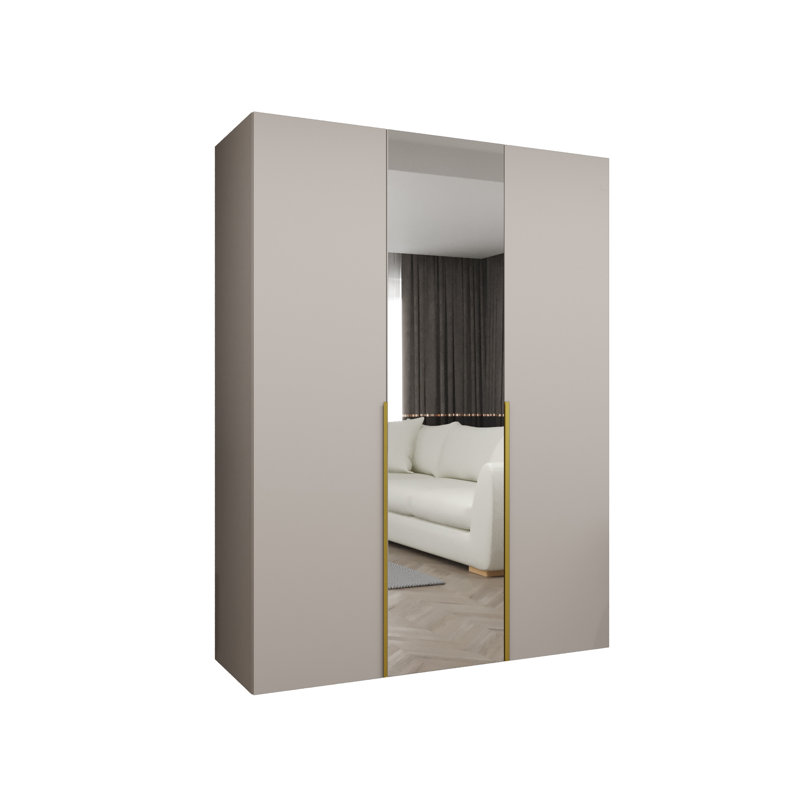 Wardrobe Cante 2, Mirror, Standard Doors, 202 H x 150 W x 52 D, cashmere + handles: gold