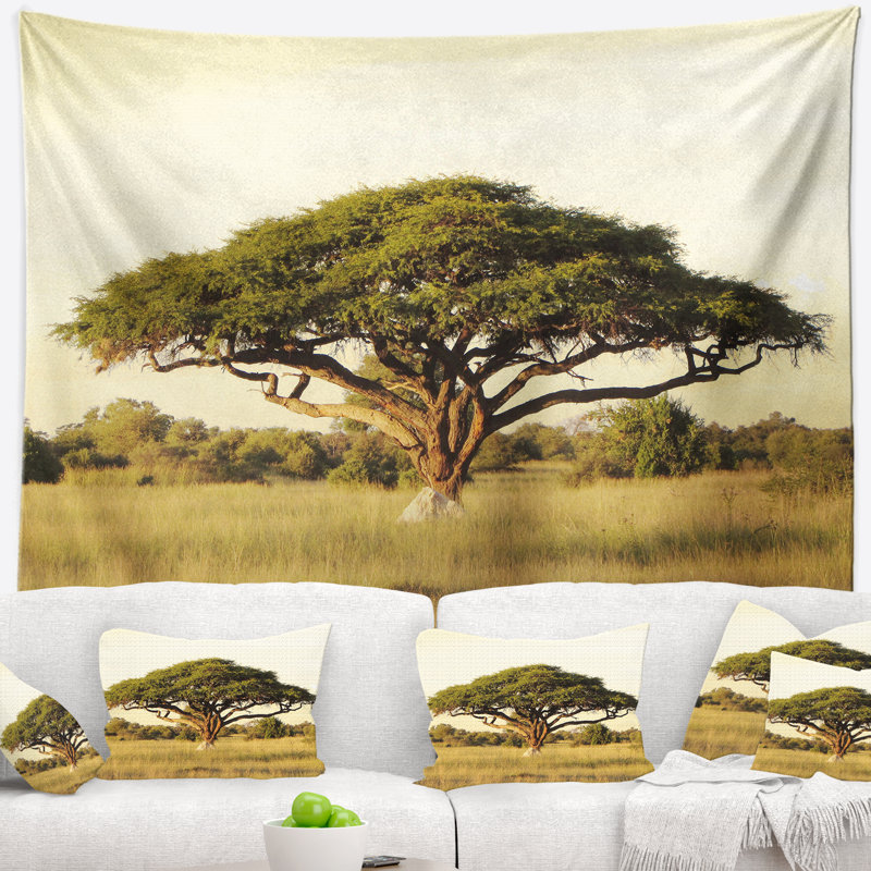 D’acacia arbre sur tapisserie plain-africaine, H 32 po x l 39 po
