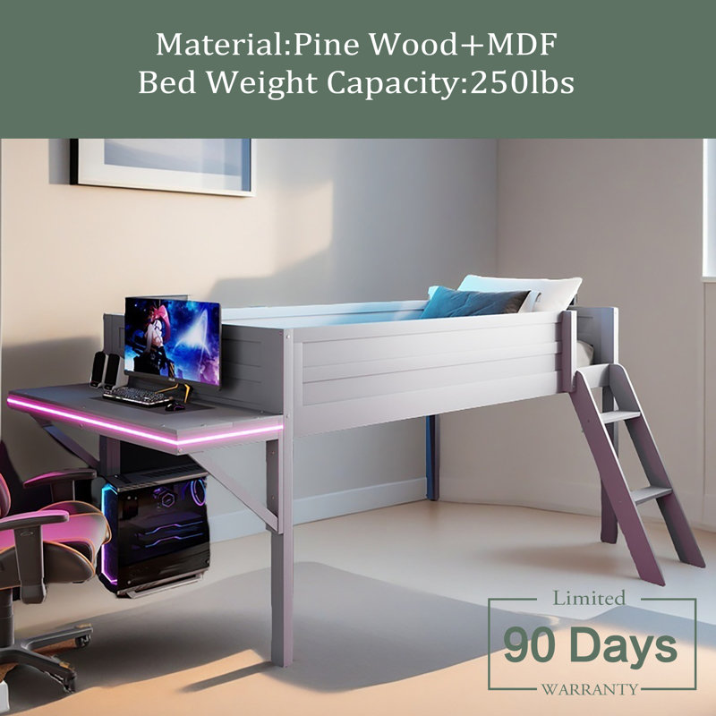 Lit mezzanine en bois avec bureau et DEL, Lit simple, Gris clair