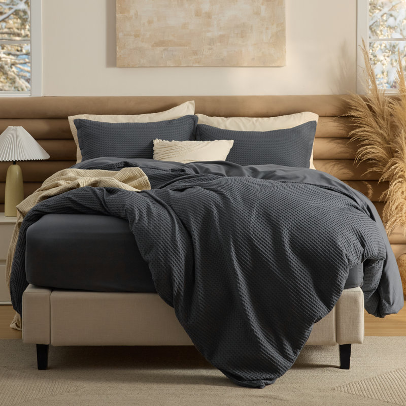  Bedsure 100% Cotton Duvet Cover King Size with Fitted Sheet - Waffle Weave Bedding Set （Set of 4）, Gray