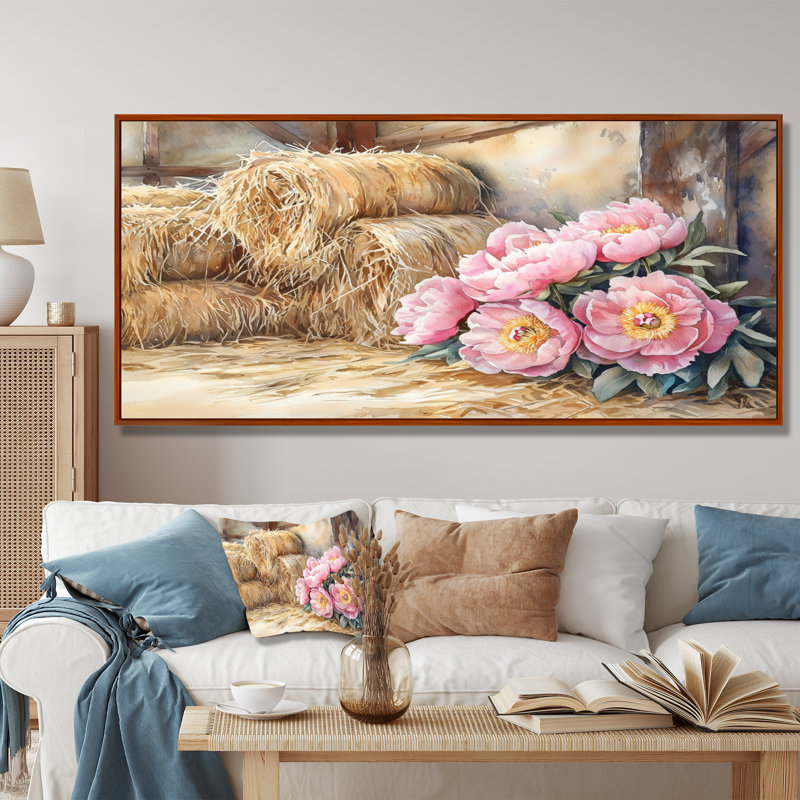 Dreavyn Farm, pivoines dans le Hayloft II - pivoines, art mural, Brun, H 28 po x l 60 po, Impression encadrée flottante