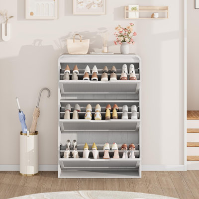 Modern Rattan Shoe Cabinet – 3 Turn Over Drawers – Slim White Wood Design – Adjustable Removable Shelves – Space-Saving Hallway Organizer – White, 3 Turn Over Drawers