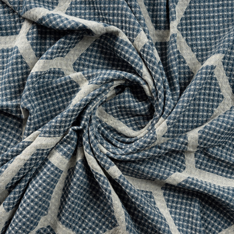 Jeté en coton tissé, Bleu / blanc cassé géométrique 