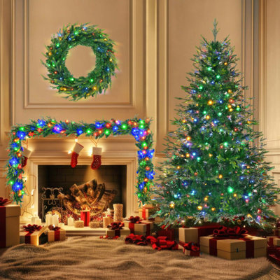 Arbre de Noël articulé artificiel 6 pi avec guirlande, guirlande et lumières DEL (ensemble de 3 pièces)