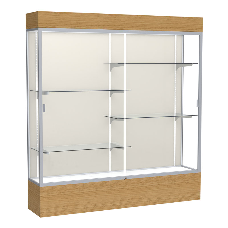 Reliant Series 80" H x 71" W Wood Veneer Lighted Floor Display Case, Natural Oak, Satin Natural, Plaque Fabric