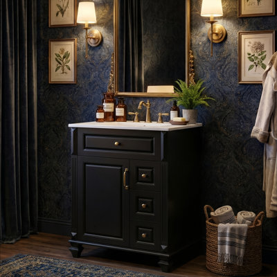 Ensemble de meuble-lavabo sur pied élégant 24 po, armoire en bois d'hévéa et panneau de fibres à densité moyenne avec plateau en céramique, rangement à 4 tiroirs (noir)