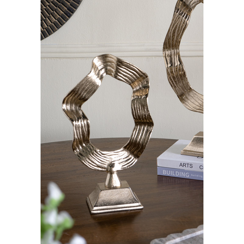 Sculpture en boucle abstraite en aluminium 8 x 3,5 x 14 po avec finition or texturée et support