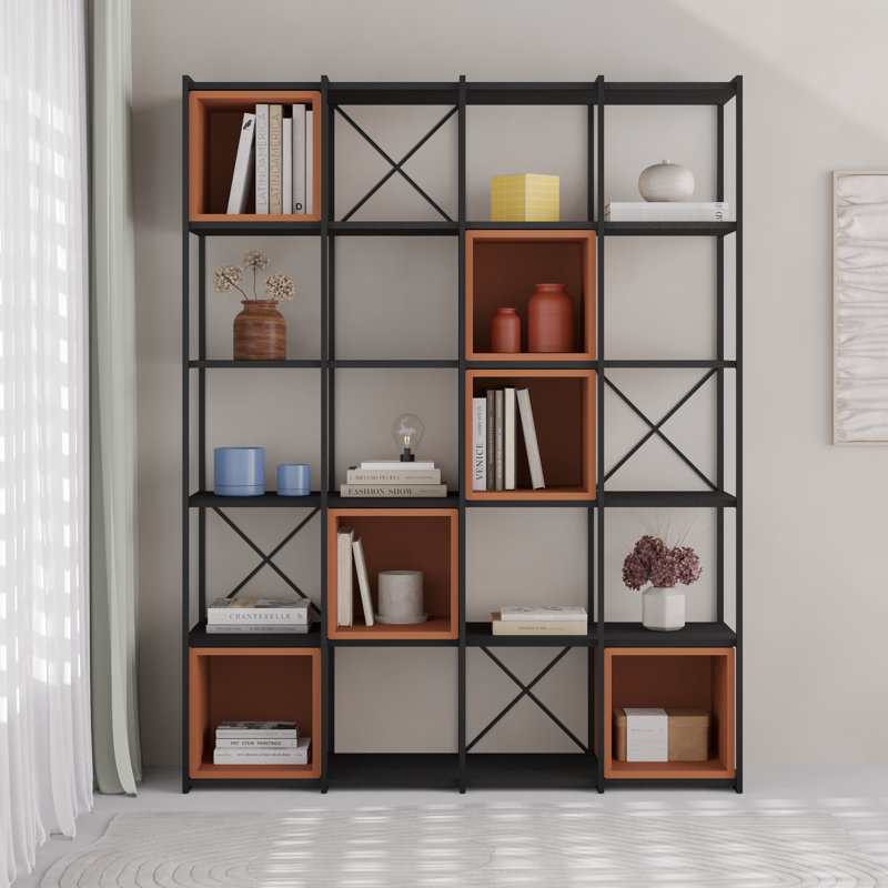 Vale Modern Metal Frame Multi-Purpose Bookshelf & Storage Unit, Black/Cinnamon