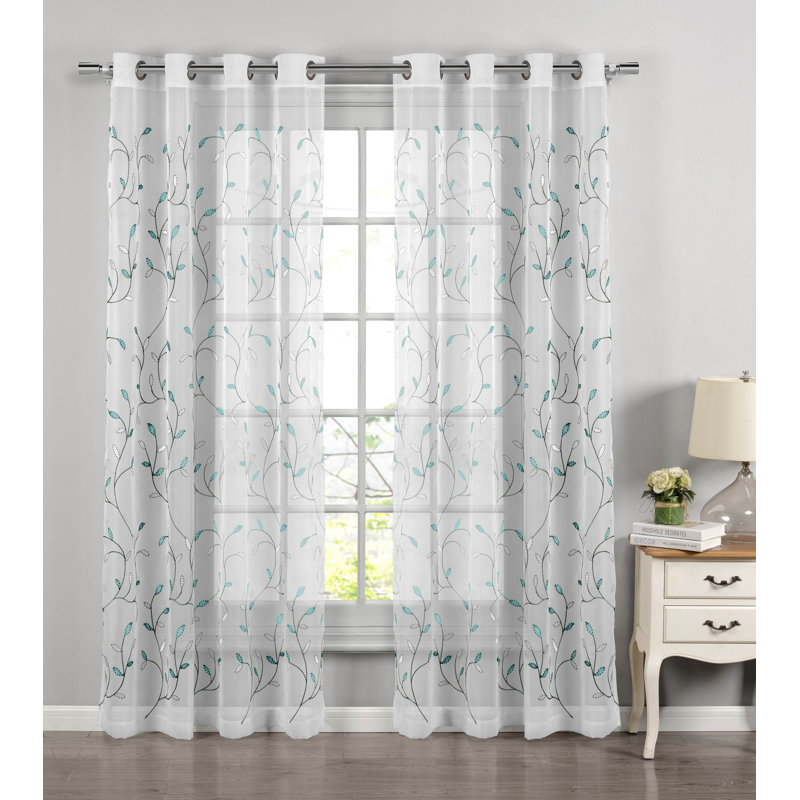 Ajay Floral Embroidered Sheer Grommet Single Curtain Panel, Turquoise, 54" W x 84" L