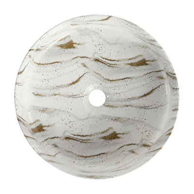 Bathroom's Above Counter Ceramic Sink With Golden Lines In White, Low Water Absorption, Stain - , 15.7 Depth, 4.7 Inches Tall Art For Bathroom, High Temperature Firing, Smooth Finish, Well Made,