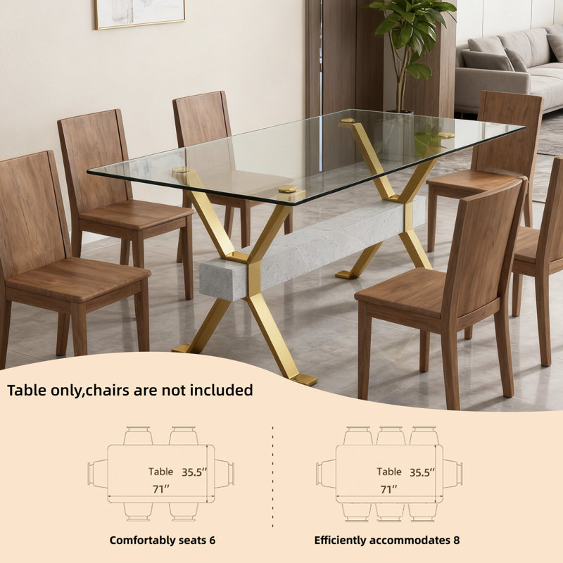 71" Tempered Glass & Metal Rectangular Dining Table, Gold/Gray