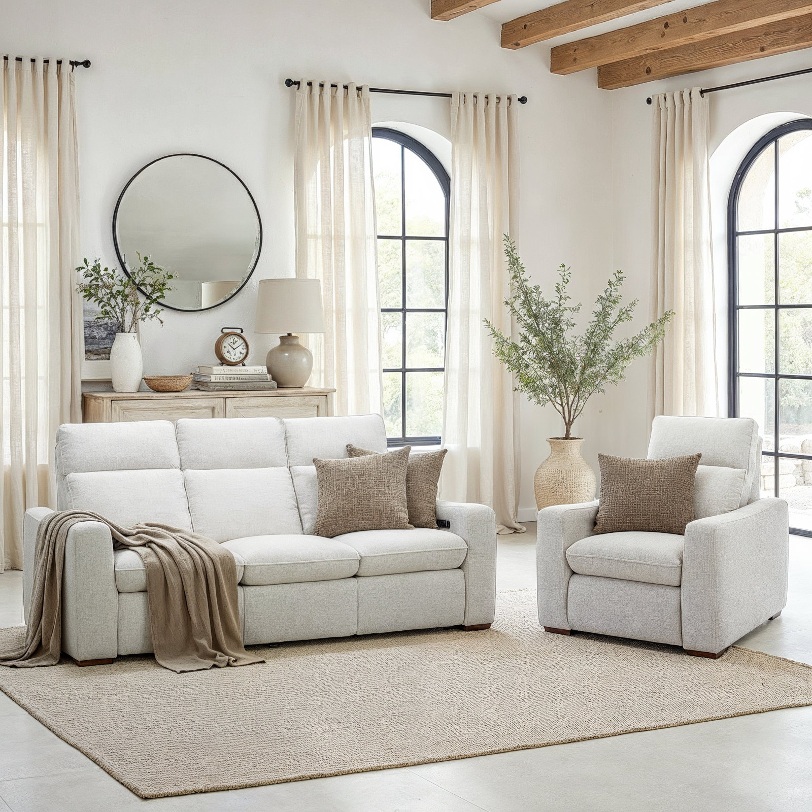 Kozlowski Power Reclining Sofa With Power Headrests & Lumbar, Silver Sand Tan
