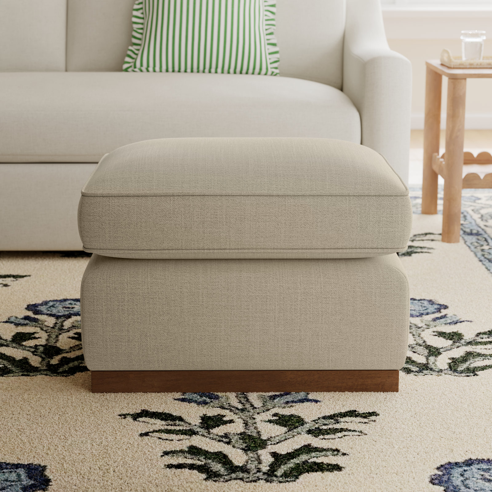 Bobbi 28" Upholstered Ottoman, Effie Flax Performance Weave