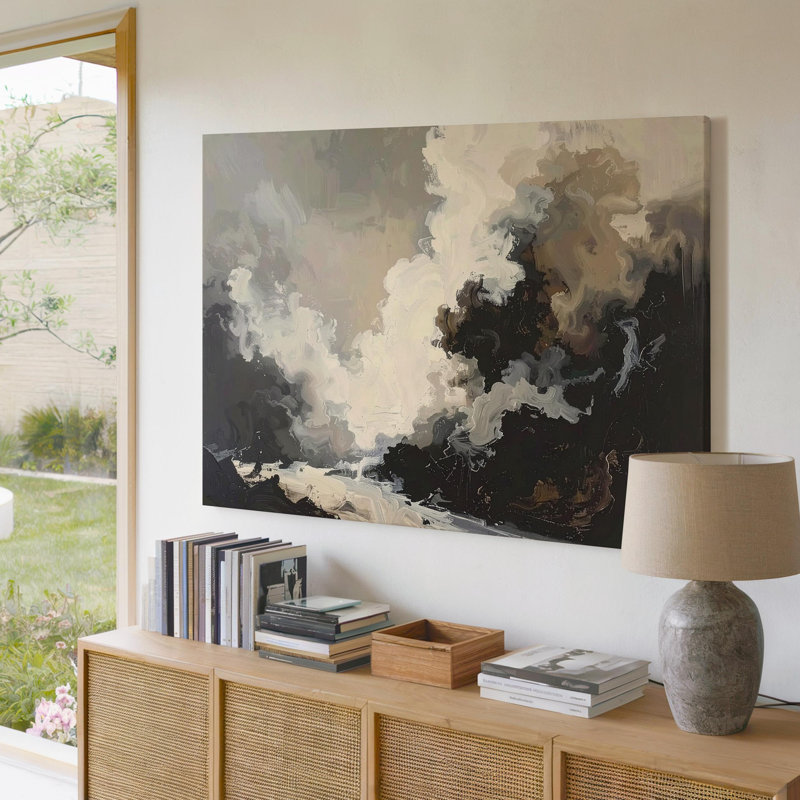 Toile, art mural, éthéré, fumée, toile abstraite, taupe foncé et blanc, atmosphère artistique, prêt à accrocher