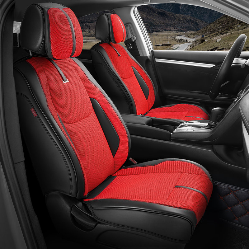 Front Row Seat Covers Universal Waterproof Polyester For Cars Suvs Trucks Airbag Compatibility​​, Black/Red