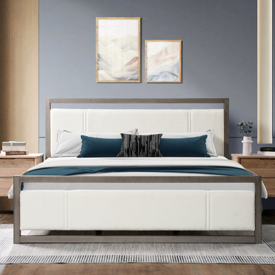 Lit plateforme très grand avec tête de lit en tissu Boucle, finition en bois gris, lattes massives, sans sommier, structure en bois d'hévéa revêtu d'aspect chambre à coucher contemporaine, système de lattes silencieuses, assemblage rapide, utilisation