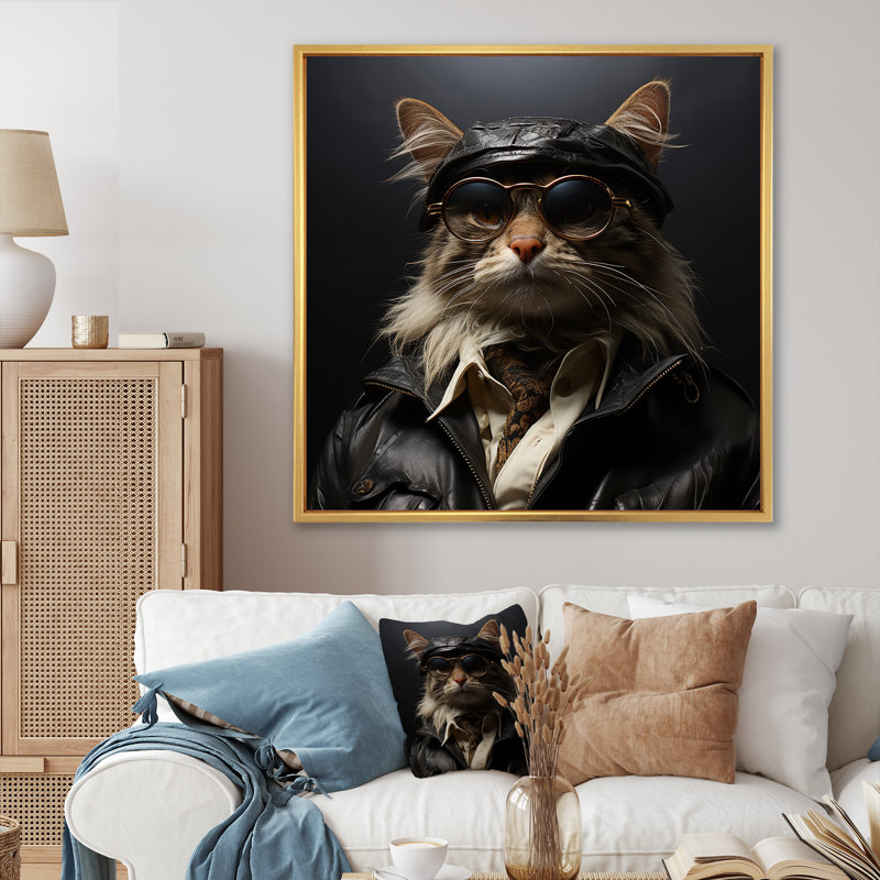 Chat, art mafieux, art mural, Cadre flottant doré, H 36 po x l 36 po x P 1,5 po