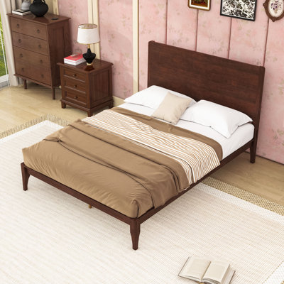 Wood Platform Bed with Headboard and Slats