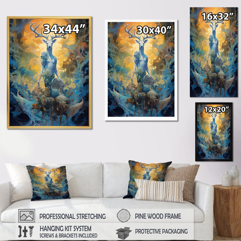 «Majestic Deer In Magical Forest», reproduction sur toile, Cadre flottant noir, H 44 po x l 34 po x P 1,5 po