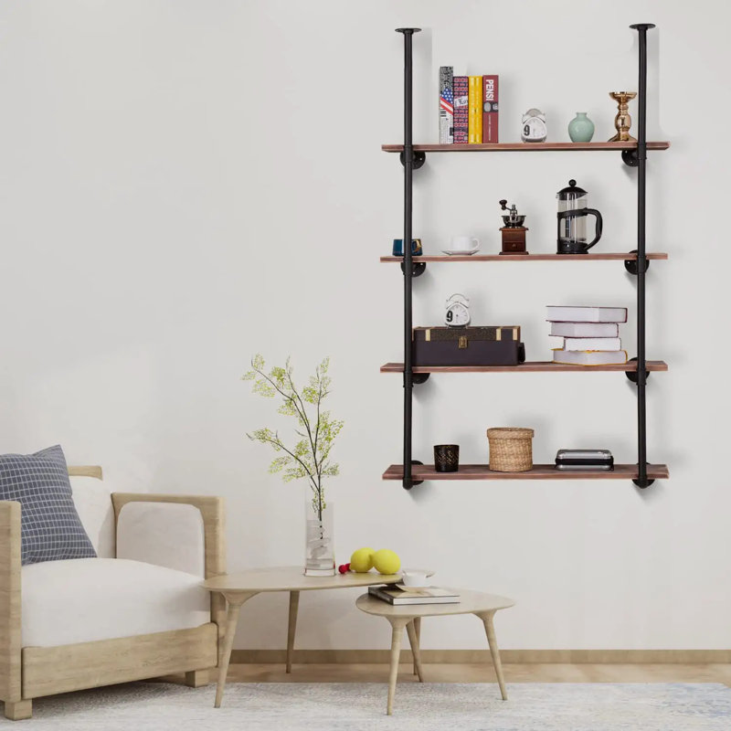 4 Tier Farmhouse D.I.Y Iron Pipe Shelf Wall Mount Open Bookshelf (Wooden board not included), 4 Tier