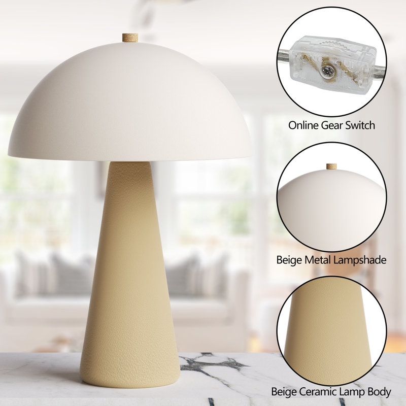 Fistes 17.8" Modern Scandinavian Ceramic Mushroom Table Lamp Soft Ambient Light for Bedroom and Living Room, Beige/White