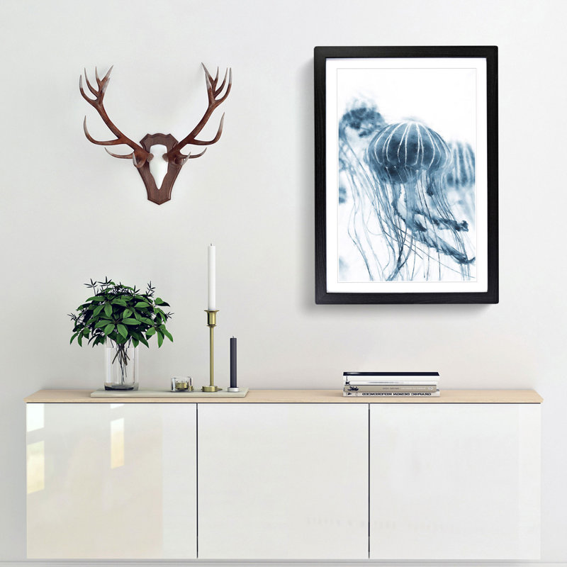 A Blue Jellyfish - Framed Print, 45cm H x 33cm W x 2cm D, Black Framed