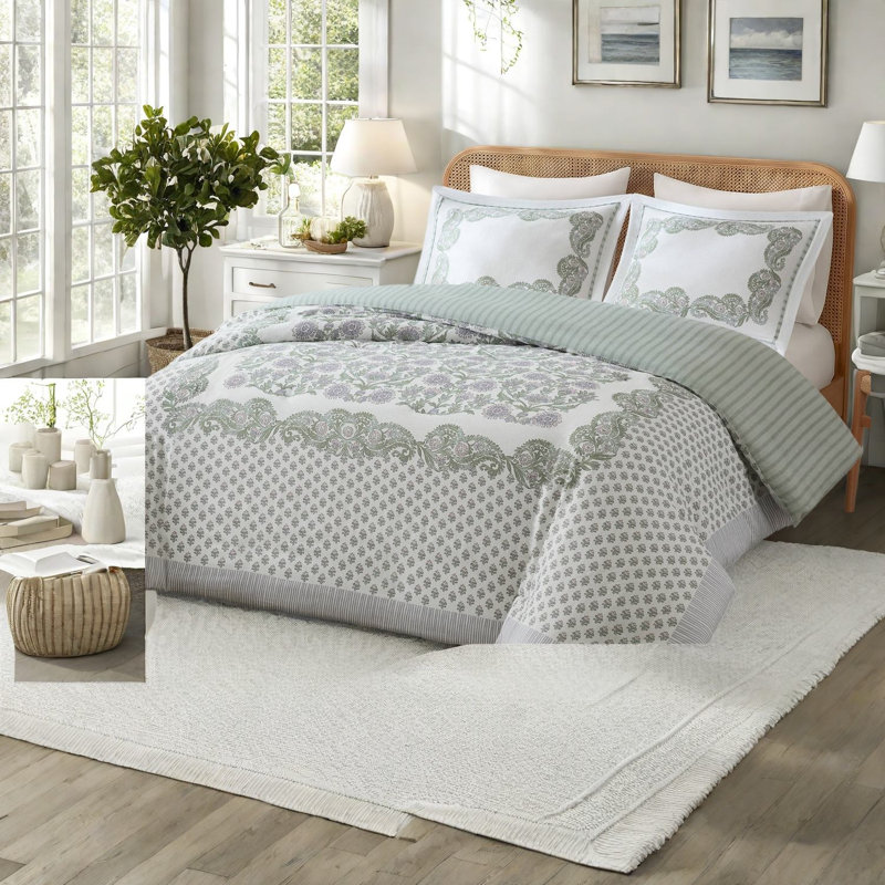 Piece Bedding Sets, King Cal King Polyester Floral Duvet Set, Reversible Sage
