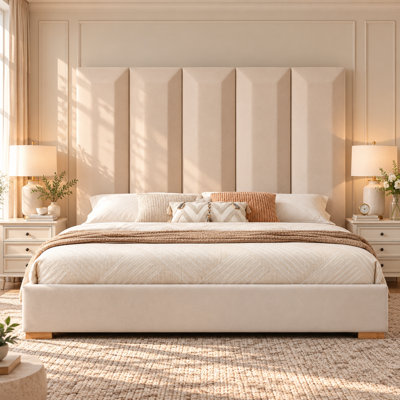 Grande tête de lit tapissier avec 2 tiroirs de rangement en bois Coletti