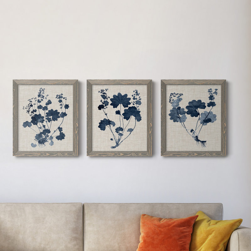 Bleu marine et feuilles de lin II - ensemble de 3 peintures sur toile encadrées, H 24 po x l 36 po x P 1,5 po, Gris