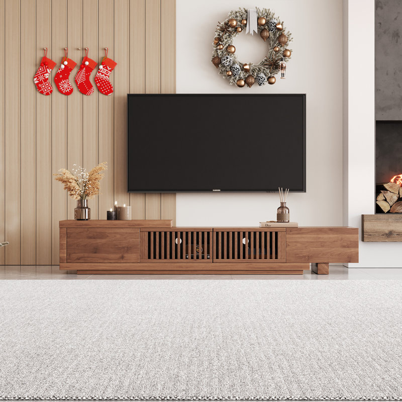 Adjustable Width TV Stand Cabinet in Walnut, 2m-2.6m, with Cable Ports & Large Storage, for 75-100 Inch Televisions