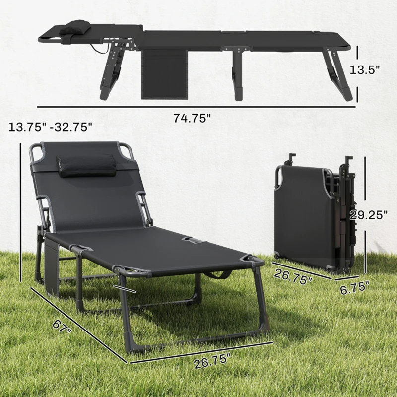 Folding Chaise Lounge Chair With 5-Position Backrest(Set Of 2), Dark Gray