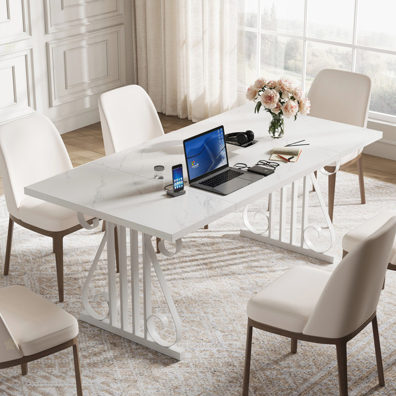 70.9" Modern Dining Table For 6–8, Rectangular Faux Marble Top, Metal Frame, Adjustable Feet, Kitchen & Dining Room Table