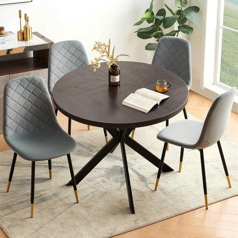 Small Kitchen Table Chairs Set Of 4, Round Pedestal Dining Table And Velvet Chairs, Gray