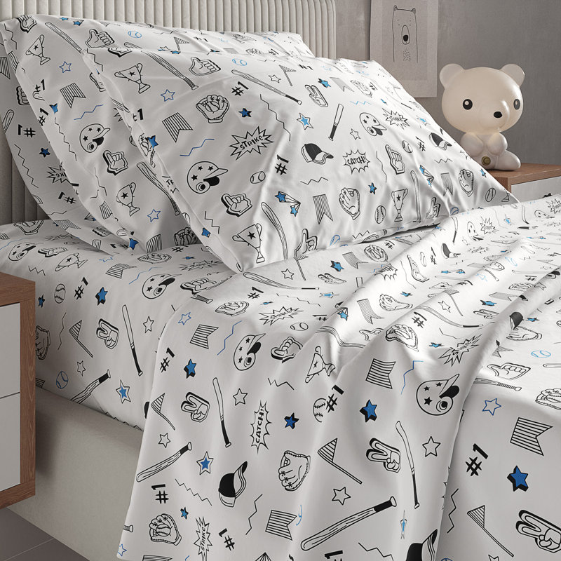 Kids Sheet Set, Soft Microfiber Bedding, Cozy & Breathable, Wrinkle Free Easy Care Bed Sheets, Baseball Blue