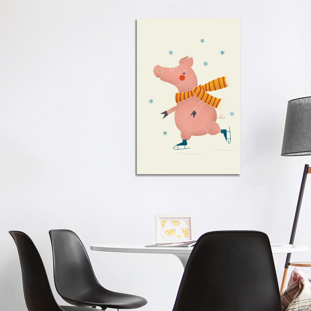 Ice Skating Pig von Show Me Mars - Galerie-verpackte Leinwand Giclée auf Leinwand