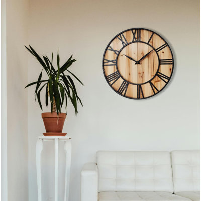 Horloge murale de 24 pouces en métal et en bois avec horloge murale rustique moderne en bois patiné fait à la main pour le salon
