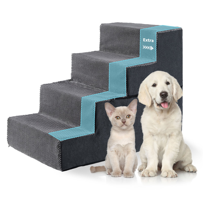 Escalier pour chiens de grande race, échelle en mousse à 4 marches avec revêtement antidérapant en polyester, rampe d'accès douce pour lits et canapés, aide à l'accès pour chiens âgés ou blessés, gris