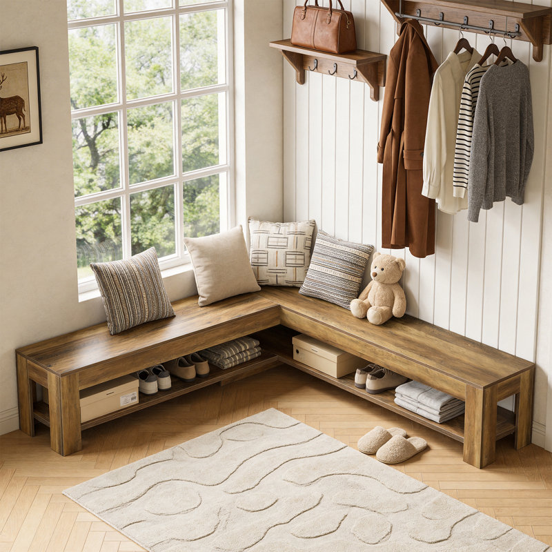 Banc de coin repas en L avec tablette de rangement, banc d'angle en bois rustique