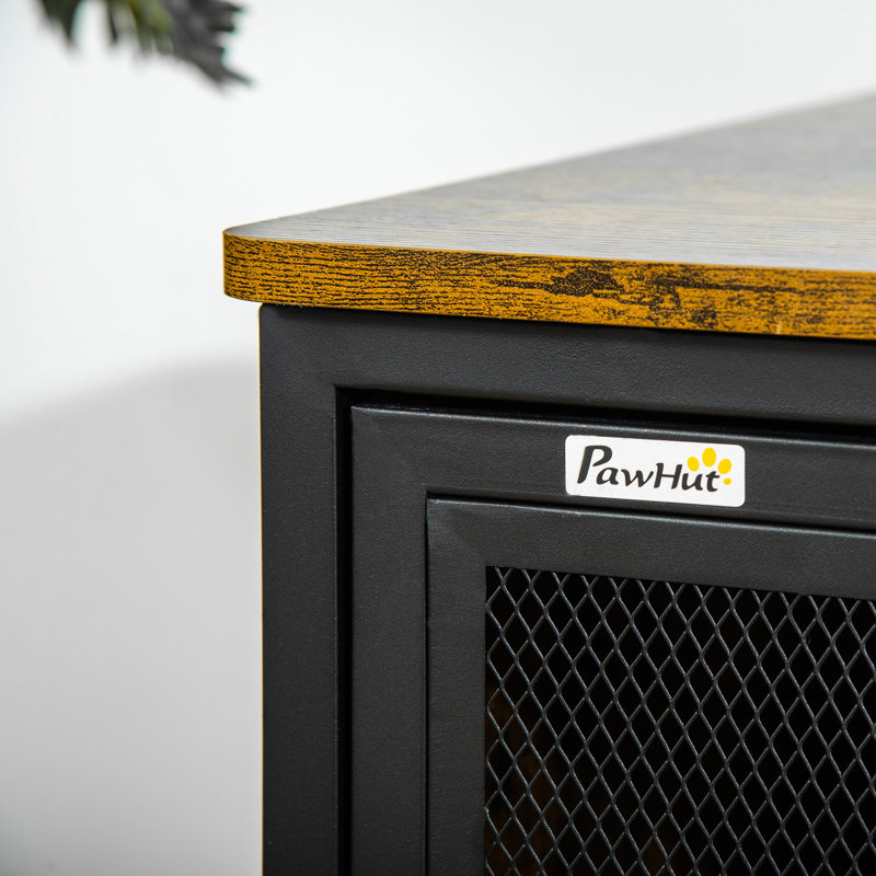 Rustic Brown Wood and Steel End Table Pet House with Cushion