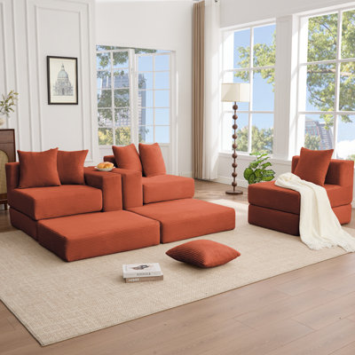 Canapé modulaire convertible 10-en-1 en velours côtelé, canapé d'angle et canapé-lit, poche latérale, sans assemblage, conception modulaire en forme de L, 6 coussins, orange
