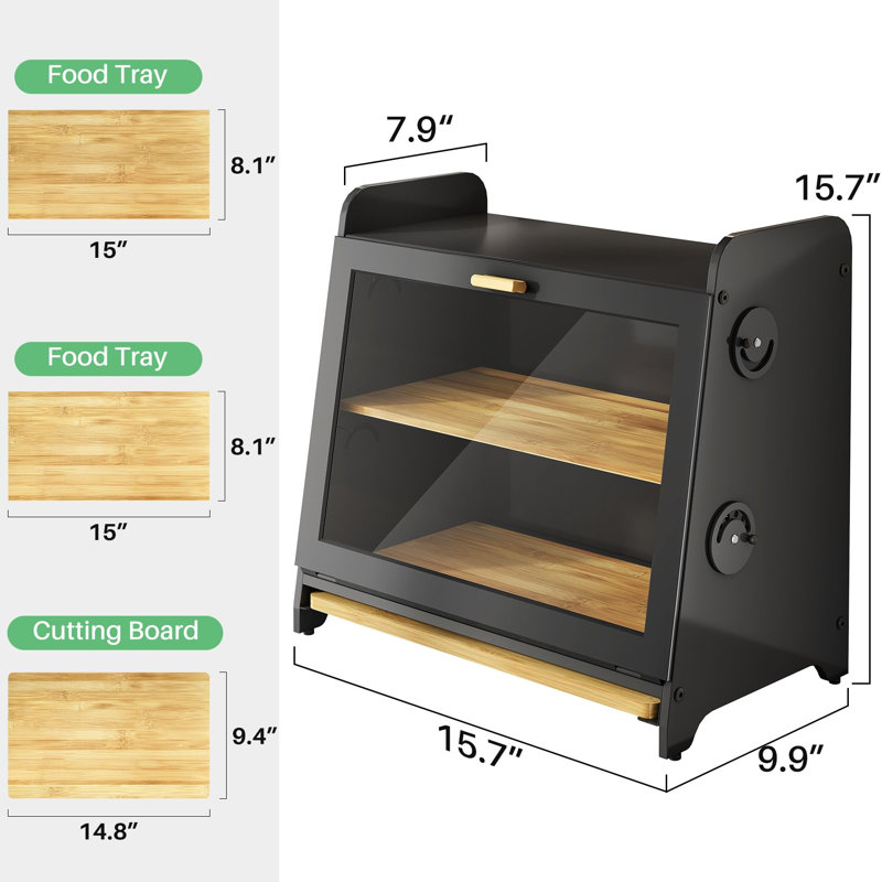 Boîte à pain, contenant à pain en bois pour comptoir de cuisine avec planche à découper en bambou, noir (L)