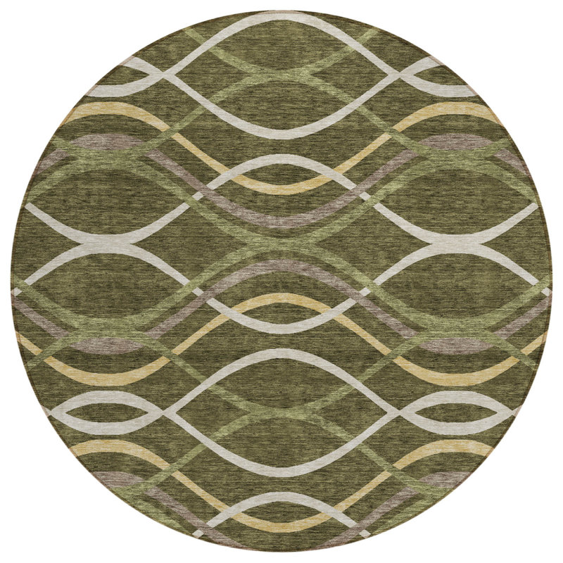 Tapis extérieur rond lavable abstrait vert olive et ivoire 8 pi 8 po