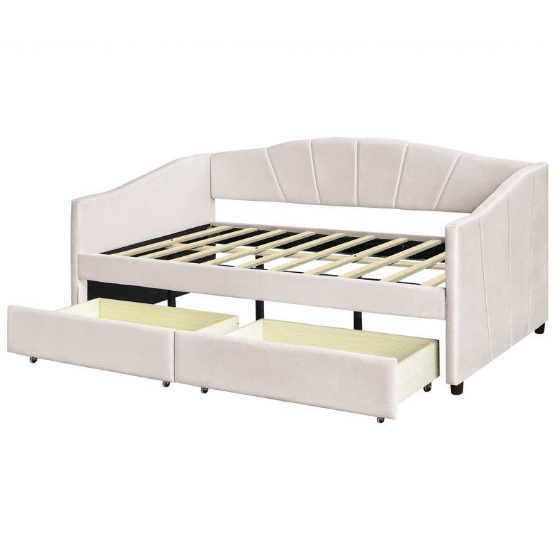 Lit de jour simple avec deux tiroirs en velours beige - Créez une ambiance relaxante dans votre espace de rangement tapissier